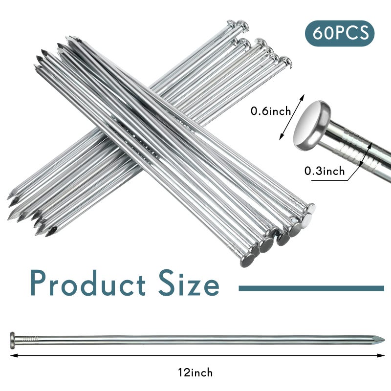 Nuenen 60 Pcs Metal Heavy Duty Stakes Landscape Anchoring Spikes Garden Edging Spikes for Artificial Turf Stakes  Paver Edging  Weed Barrier  Timber  Carpentry  Tent  Camping(12 Inch Silver) - Image 2